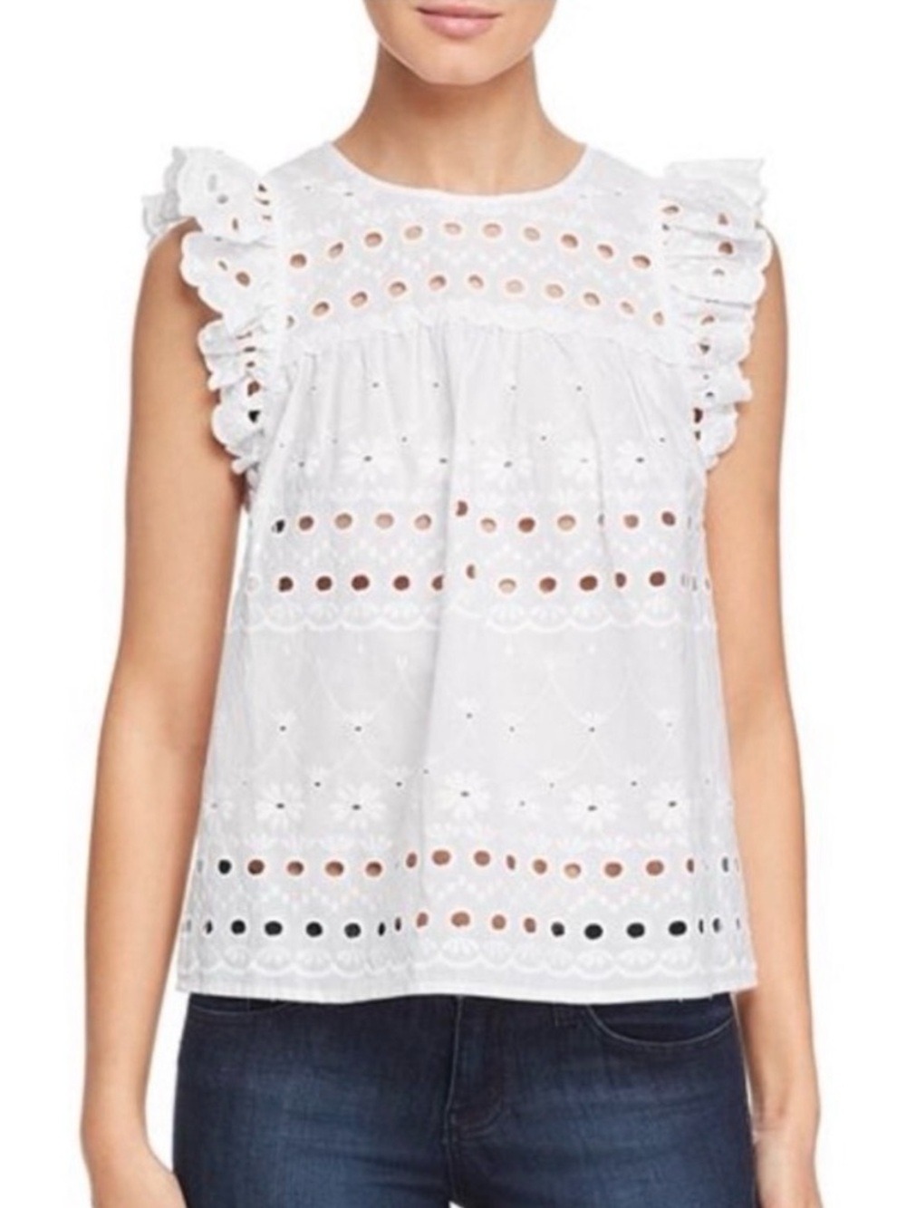 KATE SPADE Bright White Eyelet Ruffle-Sleeve Top Size XL